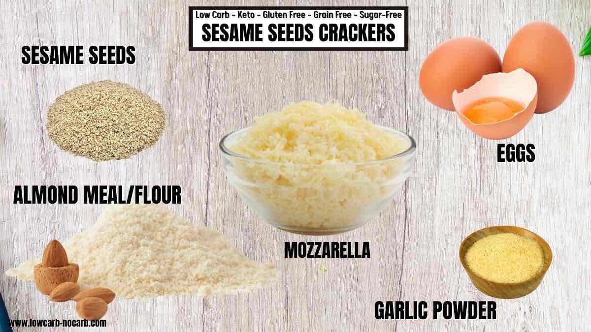 Ingredients needed for fathead sesame seeds keto crackers.