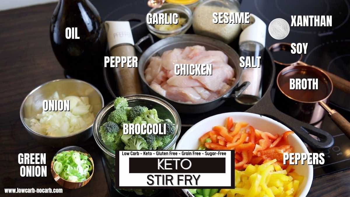 Chicken and vegetable keto stir fry ingredients.