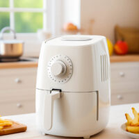 White air fryer or oil free fryer appliance on the wooden table in the modern kitchen near window.