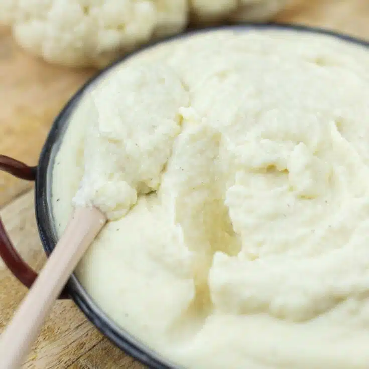 Low carb mashed cauliflower in a bowl with a spoon in.