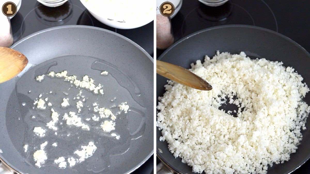 Keto Cauliflower Rice roasting garlic and rice.