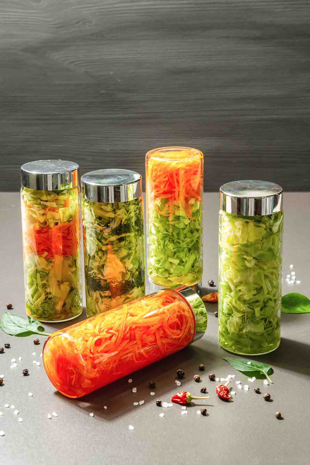Delicious jar salad with cabbage, carrot, dill, and spices.