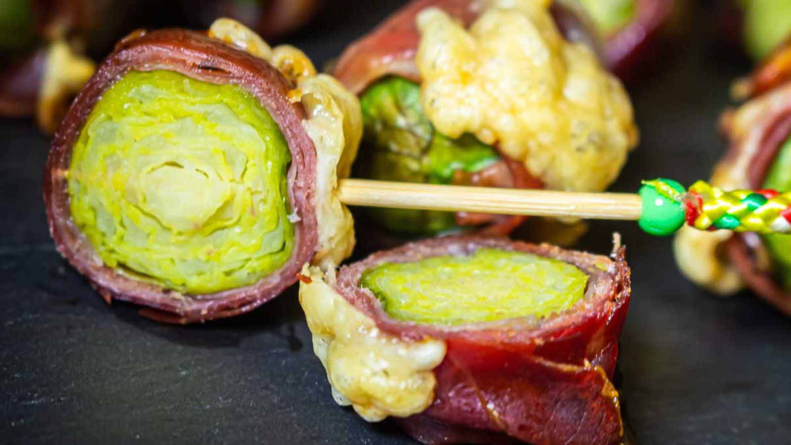 Bacon Wrapped Brussels Sprouts cut into half.