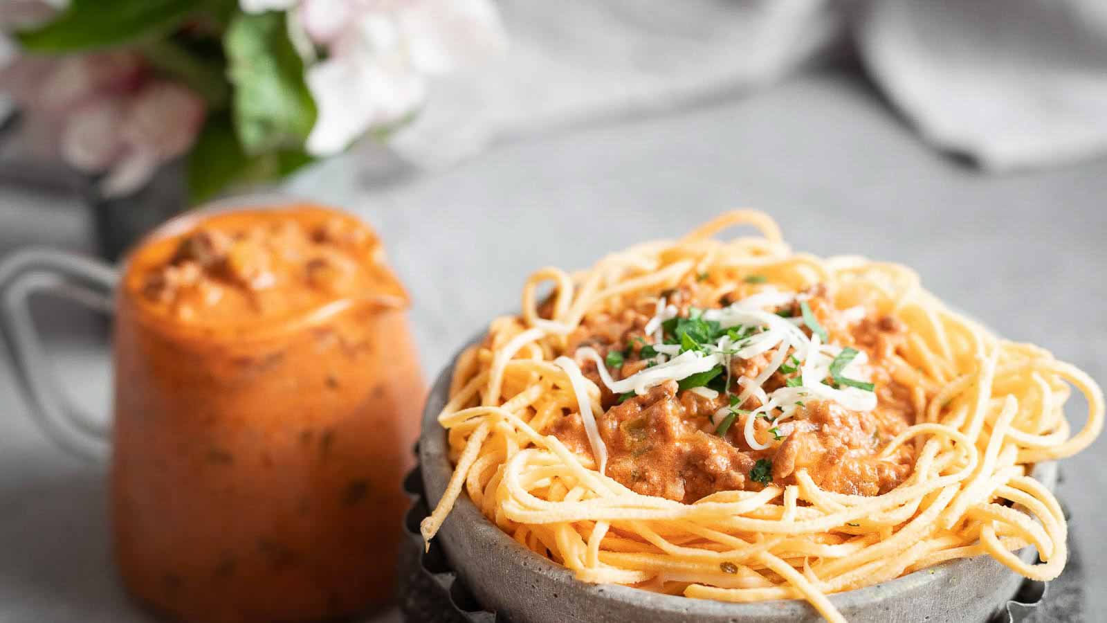 Spaghetti with meat sauce in a bowl.