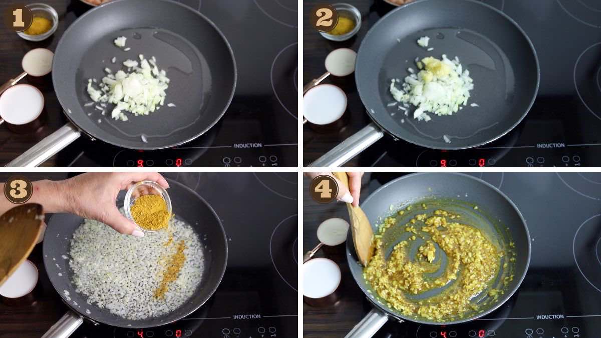 A series of pictures showing how to make a chicken curry.