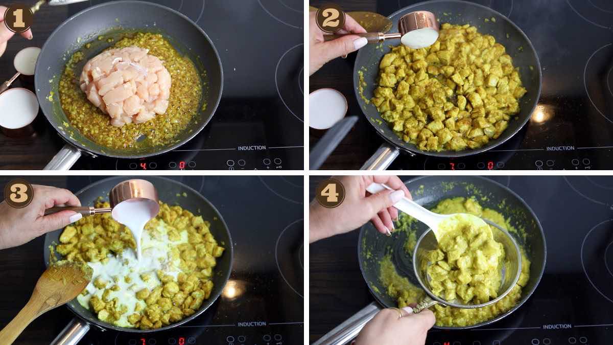 A series of photos showing how to cook chicken in a frying pan.