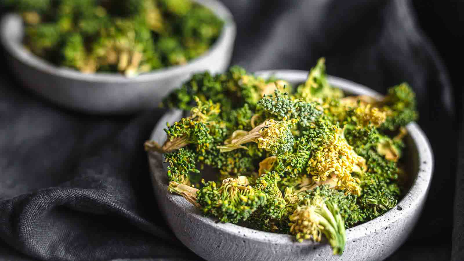 Dried Broccoli pieces inside a bowl.