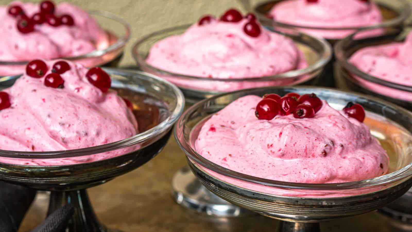 Red Currant Fluff inside glass serving bowls. 