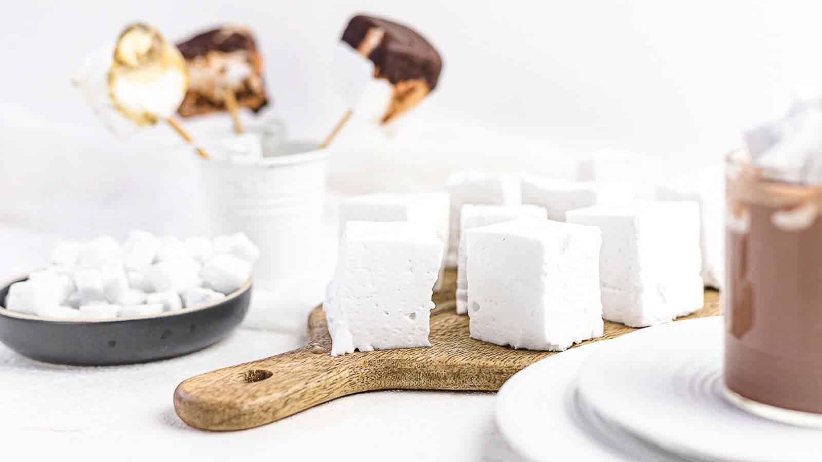 Sugar-Free Keto Marshmallows on a wooden board.