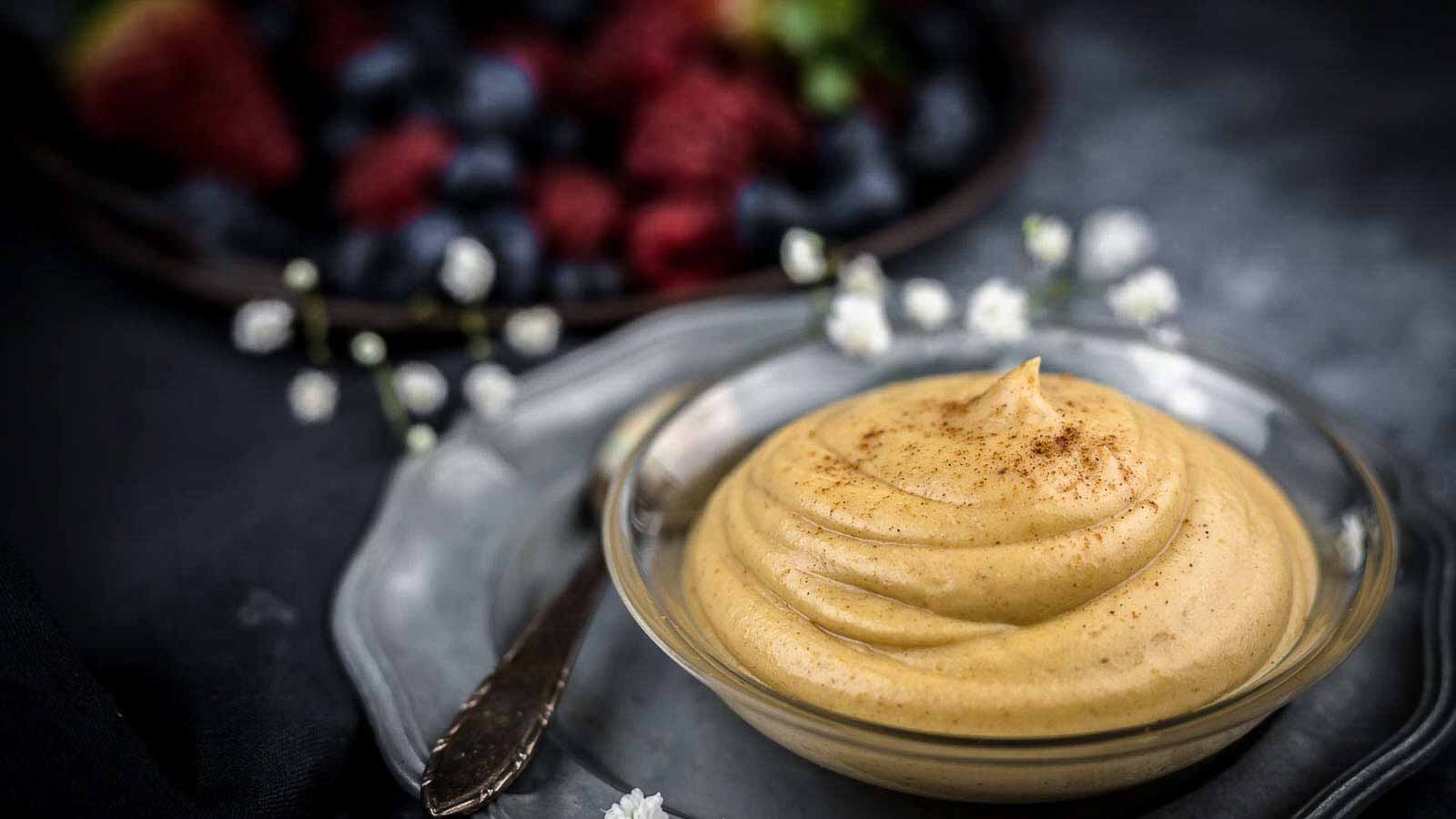 Peanut Butter Mousse iniside glass bowl.