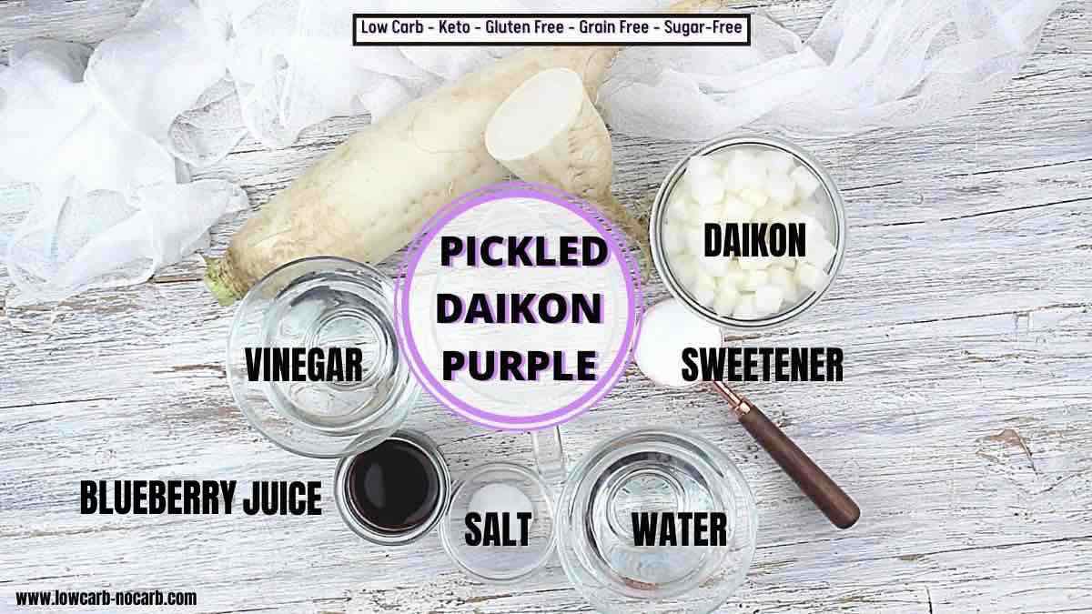Pickled daikon purple ingredients on a wooden table.