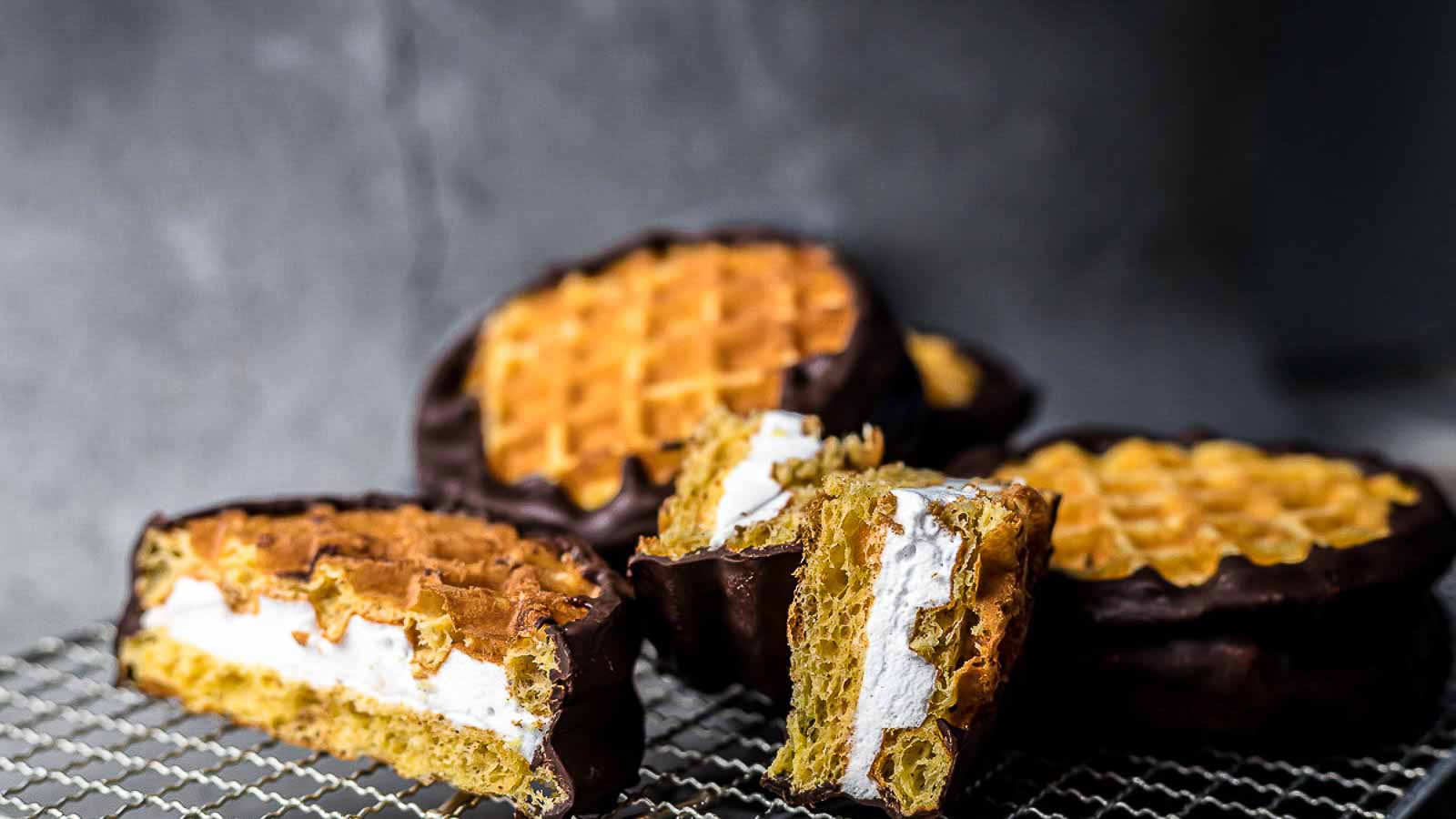 Sugar-Free and Keto Smores Chaffle on a cooling rack.