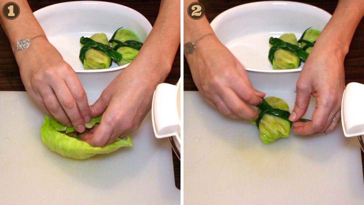 Rolling a lettuce leaf with a filling.
