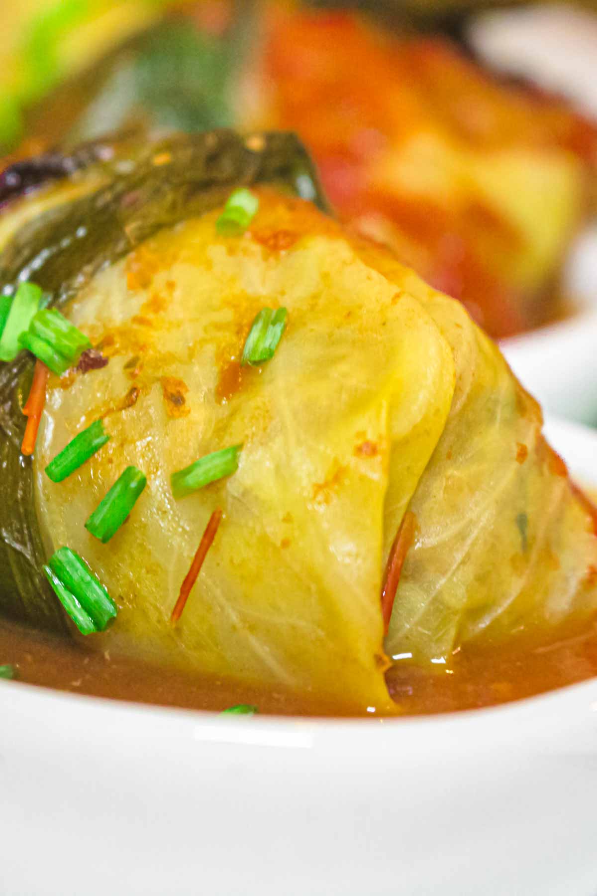 A plate of cabbage rolls with a sauce on it.