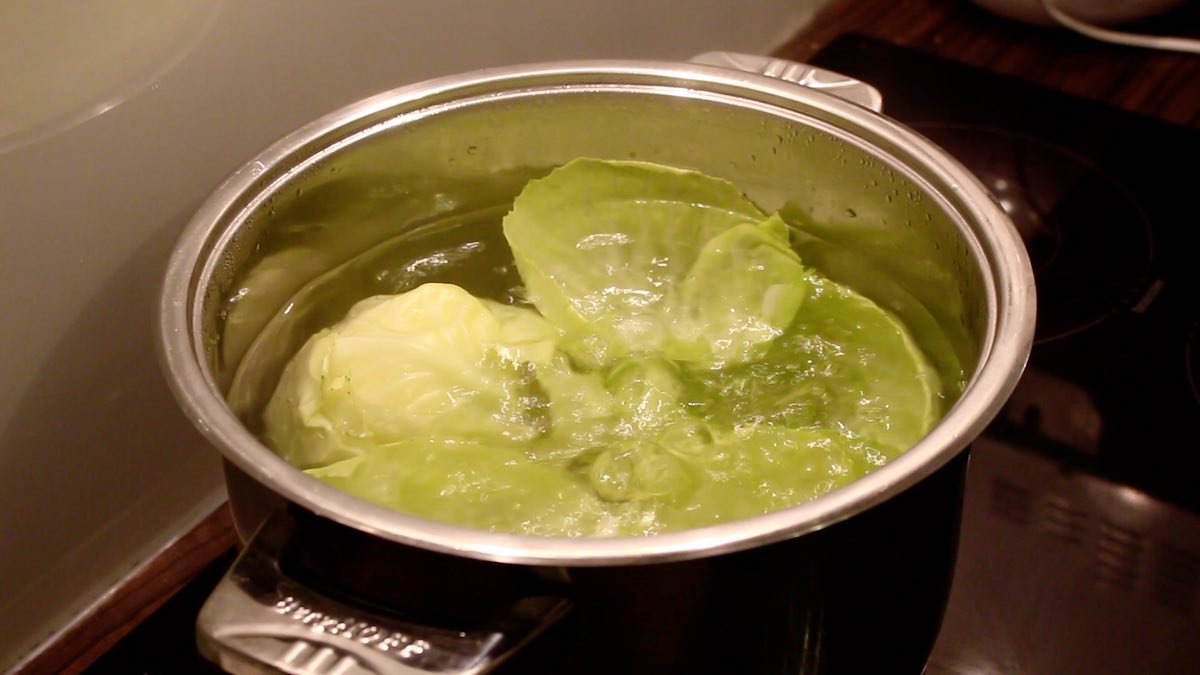 Cabbage in a pot on a stove.