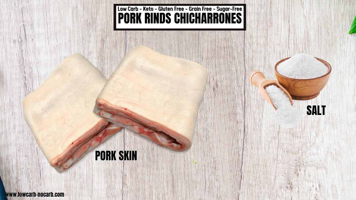 Pork skin with salt on a wooden table.