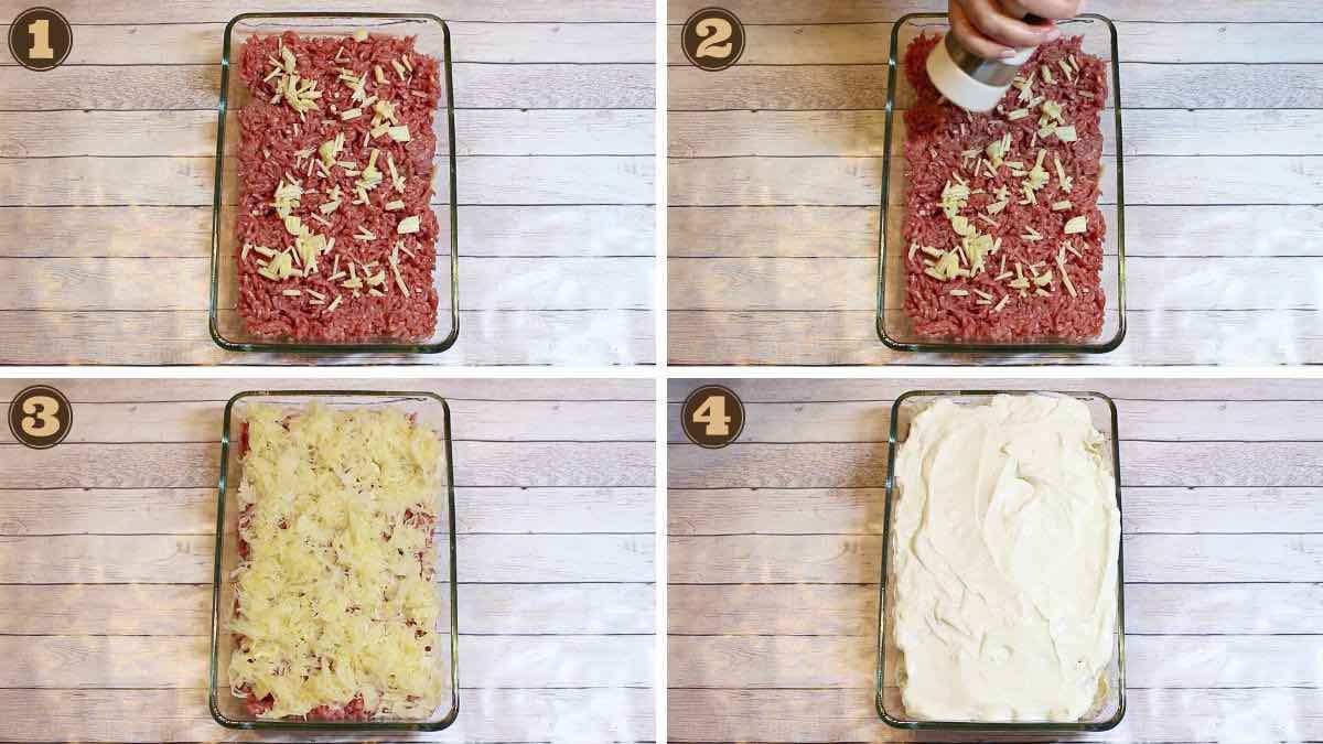 Four pictures showing how to make a casserole in a glass pan.