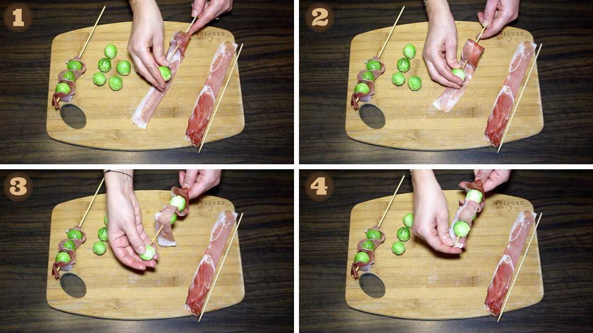 Pictures showing how to make a skewer of brussels sprouts.