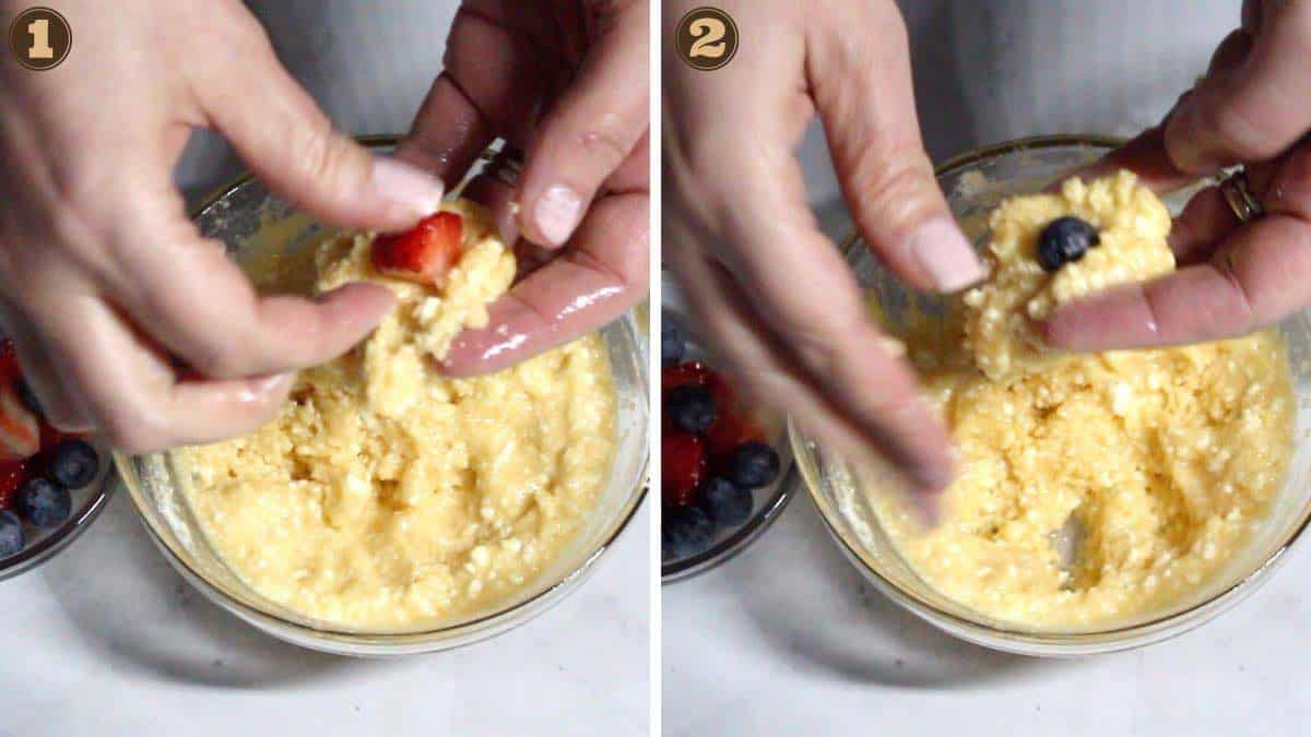 Two pictures of a person putting berries into a bowl of batter.
