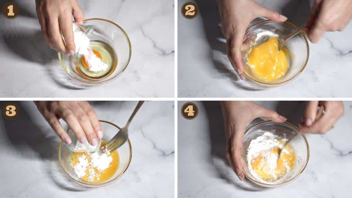 A series of pictures showing how to make an egg batter.