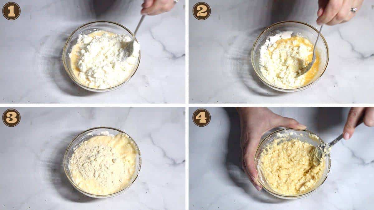 A series of photos showing how to make a cheesecake batter.