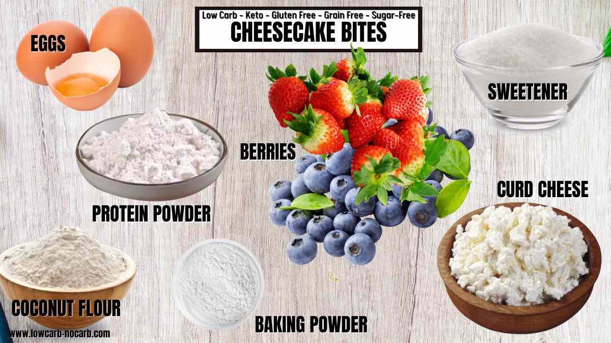 The ingredients for cheesecake bites are shown on a wooden table.
