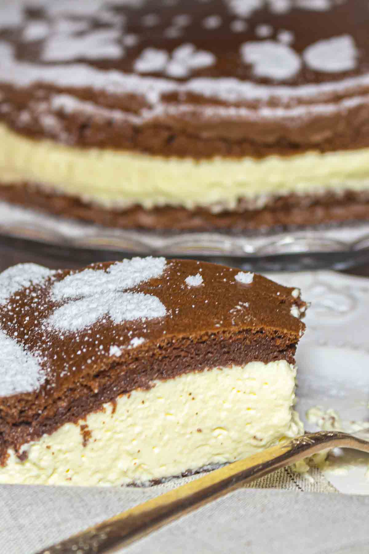 A slice of chocolate cake with powdered sugar on top.