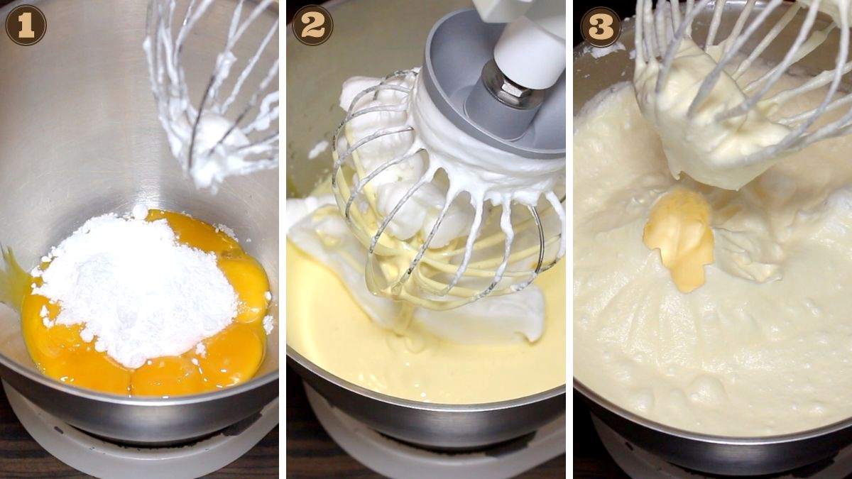 Three pictures showing how to make cake base.