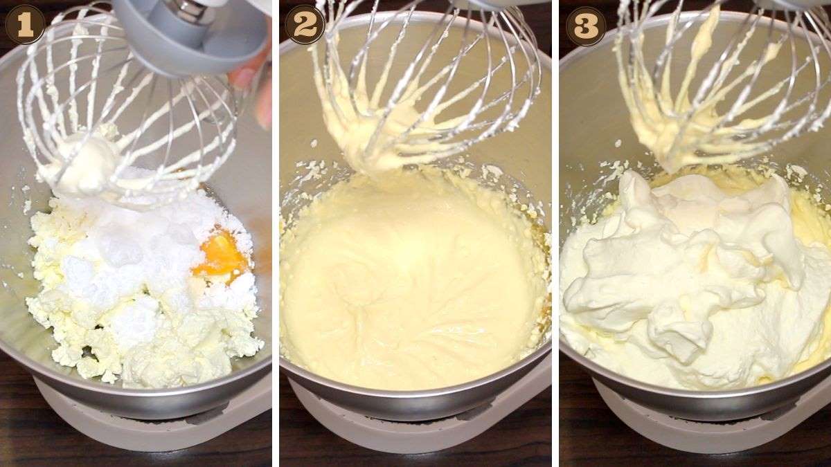 Three pictures showing how to make mascarpone cream.