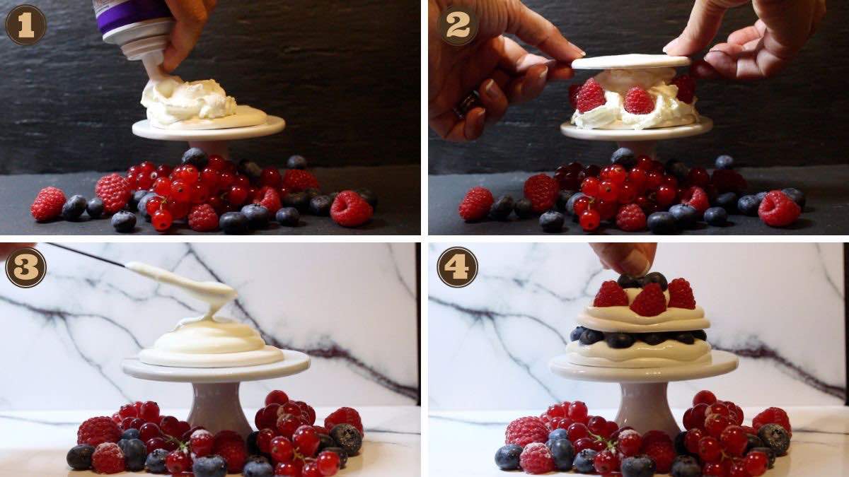 Pictures showing how to make Pavlova with berries.