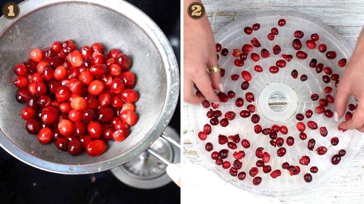 Two pictures of cranberries in a sieve.