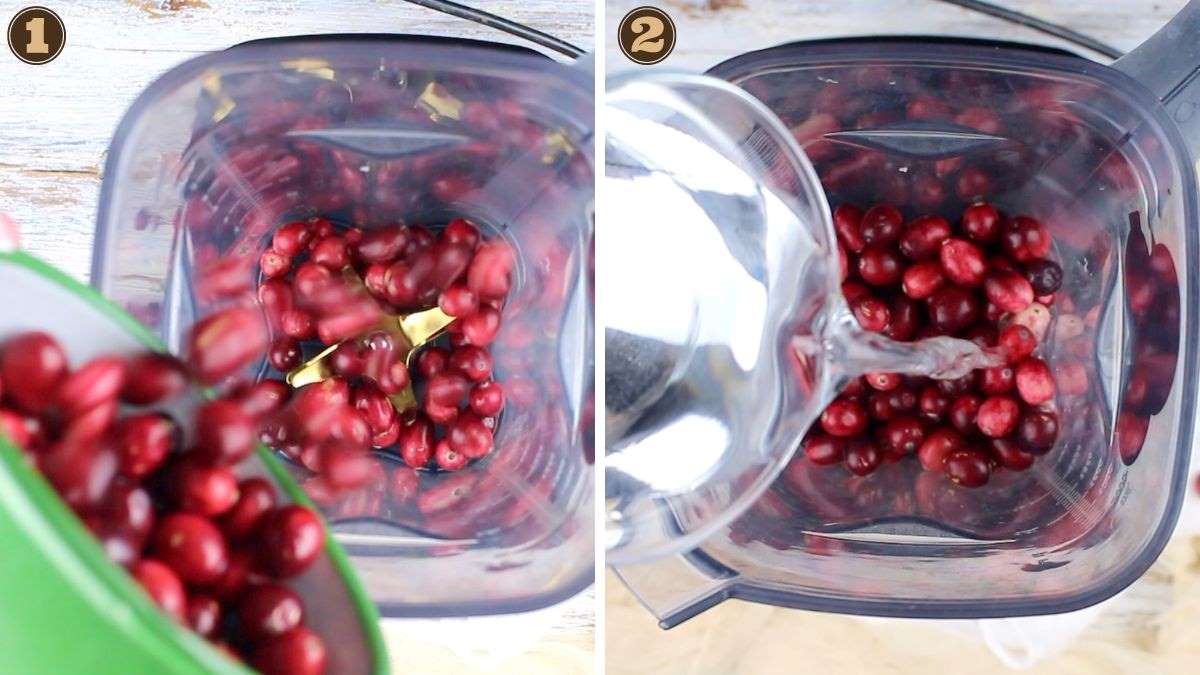 Two pictures of cranberries in a blender.