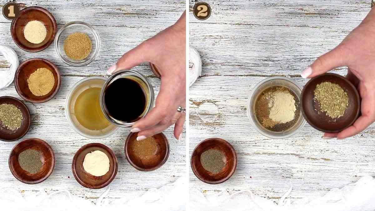 A person pouring ingredients into bowls on a wooden table.