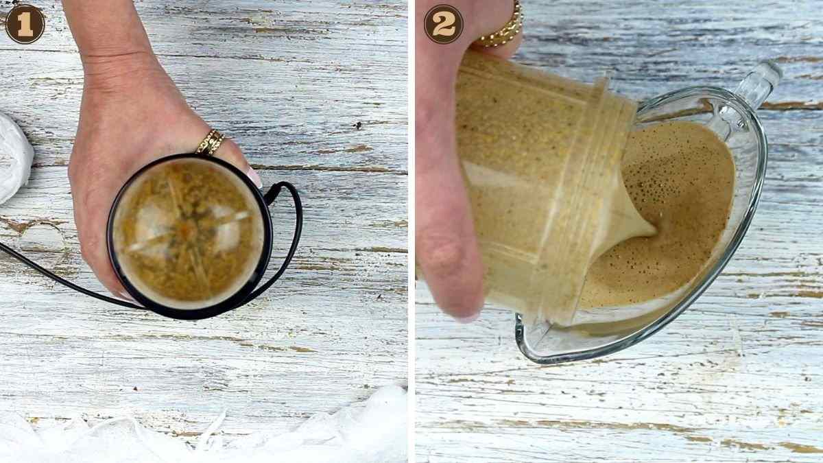 Two pictures of a person pouring a mixture into a bowl.