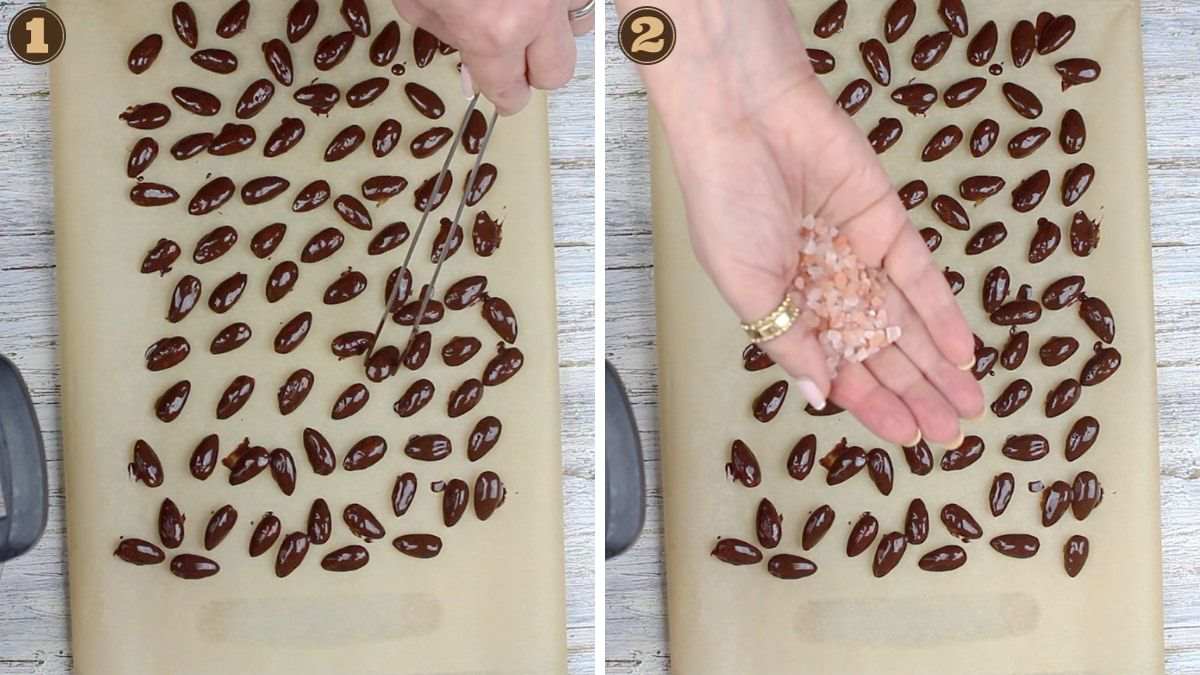Two pictures of a person putting chocolate on a baking sheet.