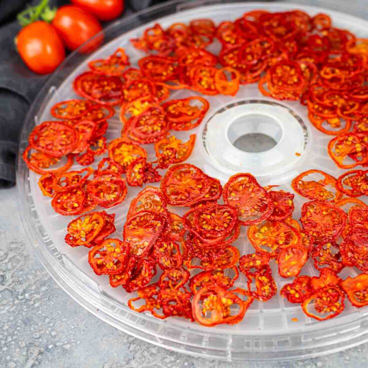 Dried tomatoes on a tray.