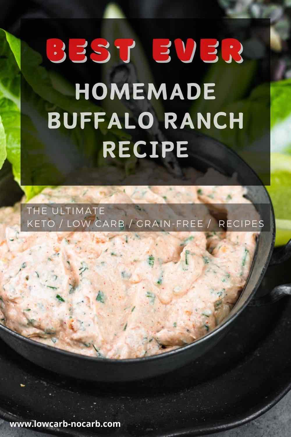 A graphic promoting a recipe for homemade buffalo ranch with diet-friendly labels such as keto, low carb, and grain-free.