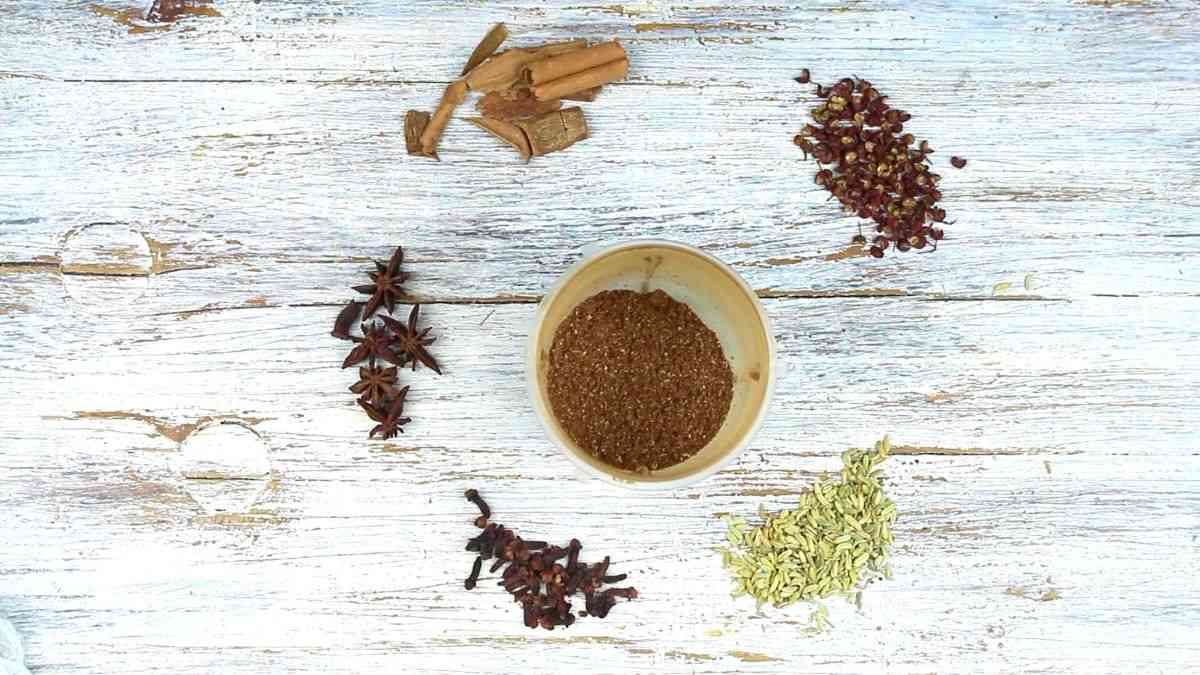 Spices in a bowl on a wooden table.