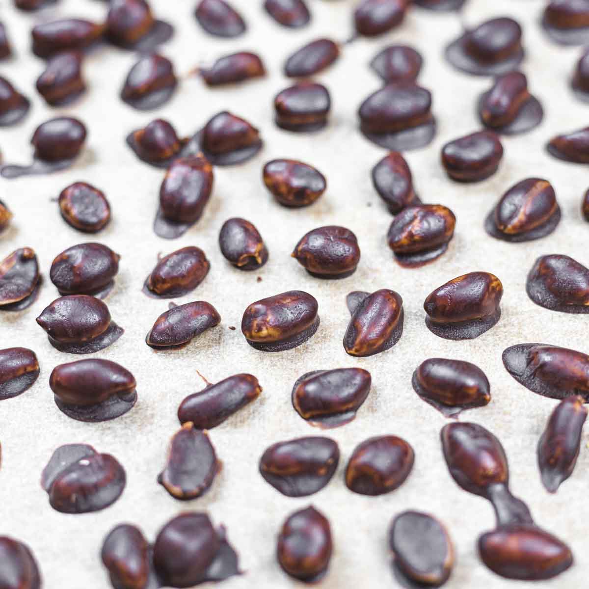 Chocolate covered peanuts spread out on a light surface.