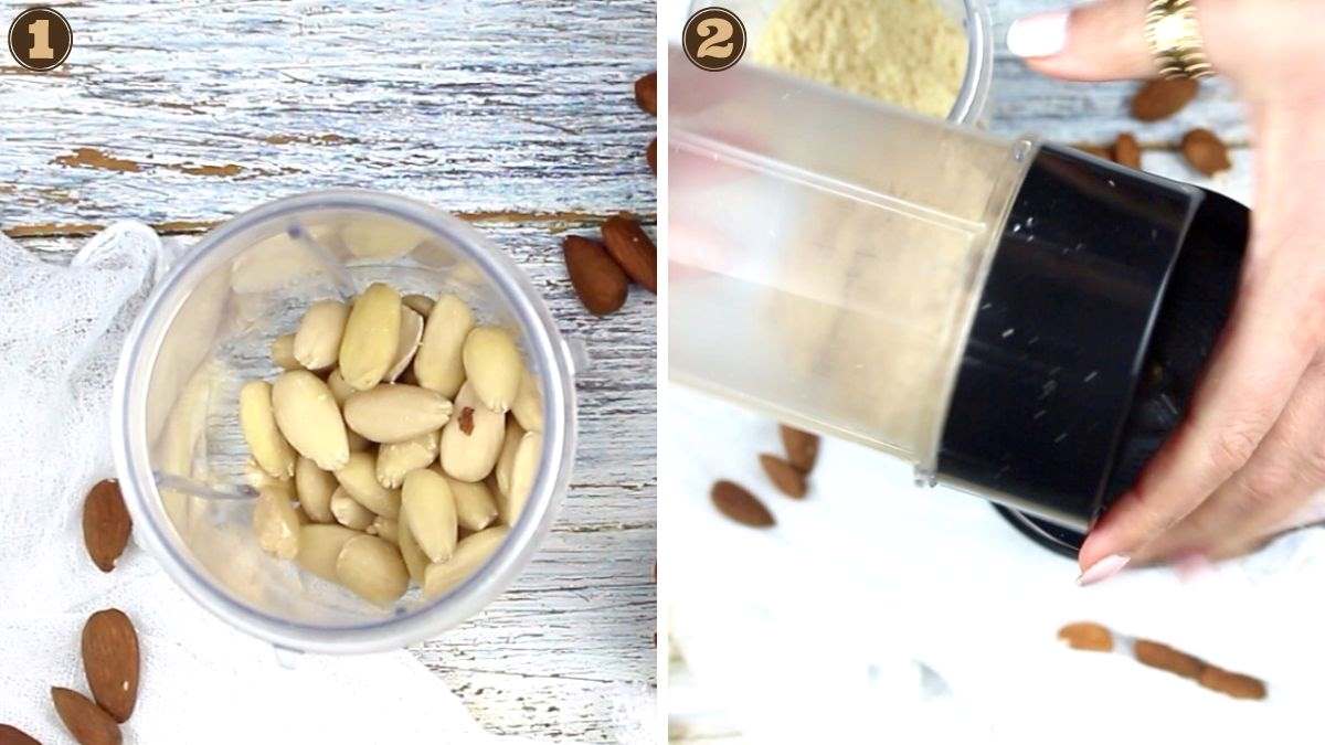 Side-by-side images: 1) blanched almonds in a small clear bowl, 2) hands pouring almonds into a grinder.