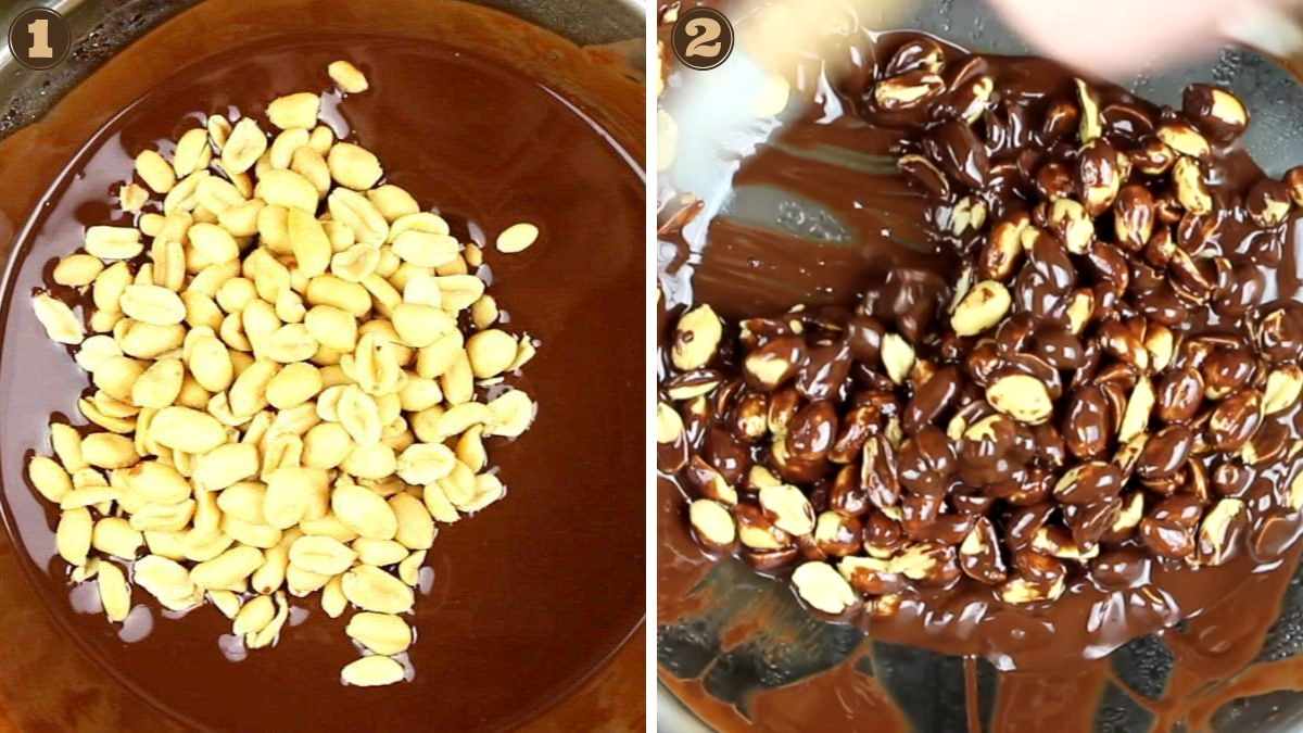 Images showing peanuts coated with melted chocolate.
