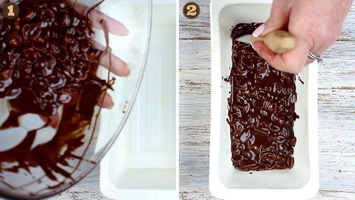 Split-image showing two stages of chocolate with nuts being drizzled into a mold.