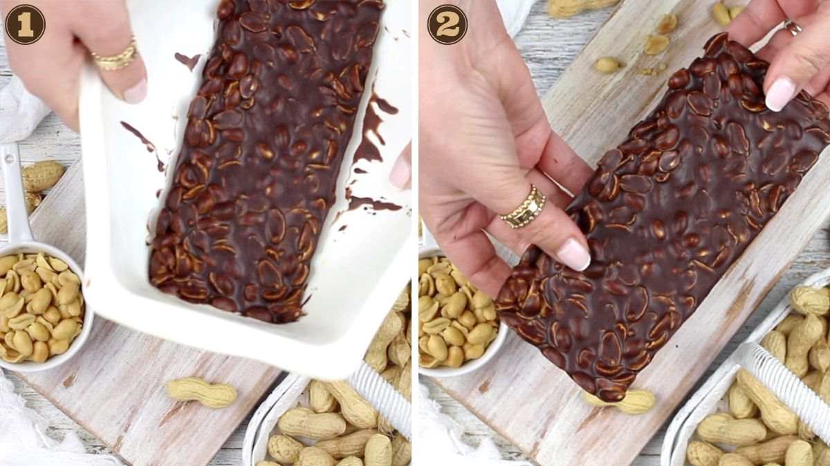 Two images showing the making of a chocolate nut bar.