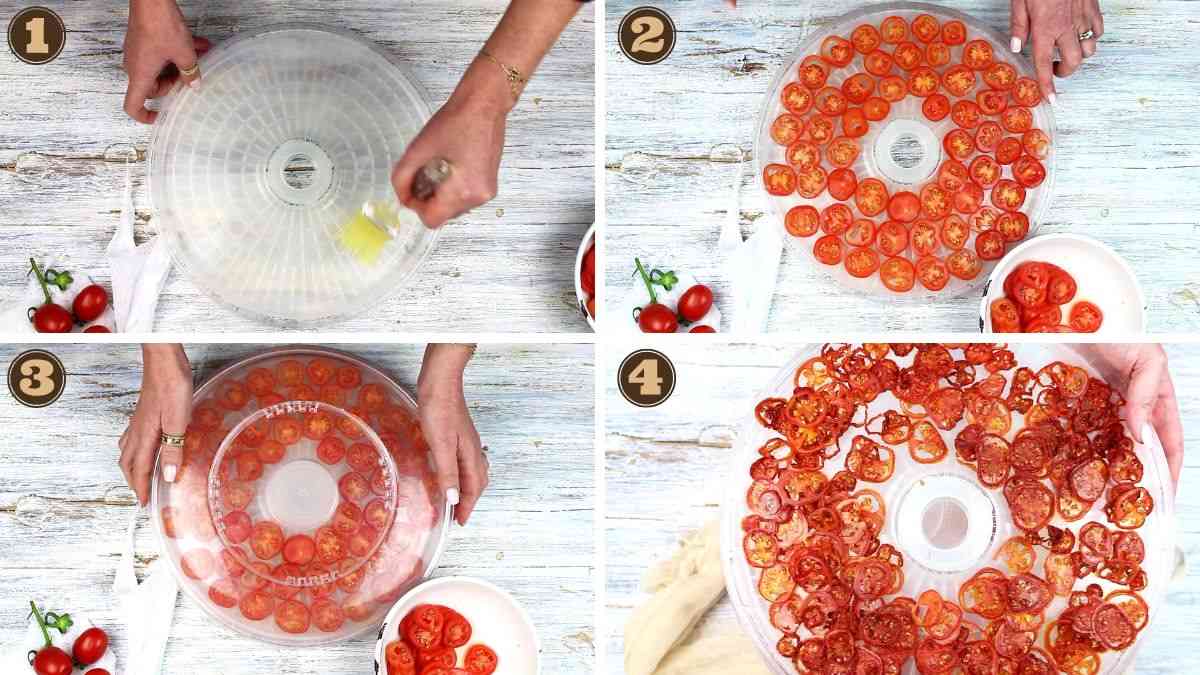 Four-step instructional image showing the process of making sun-dried tomatoes: washing, slicing, arranging on a tray, and final dried product.