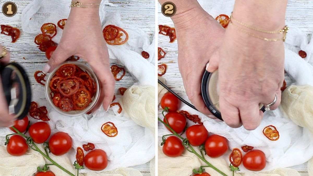 A step-by-step guide showing how to blend dehydrated tomatoes into a powder.