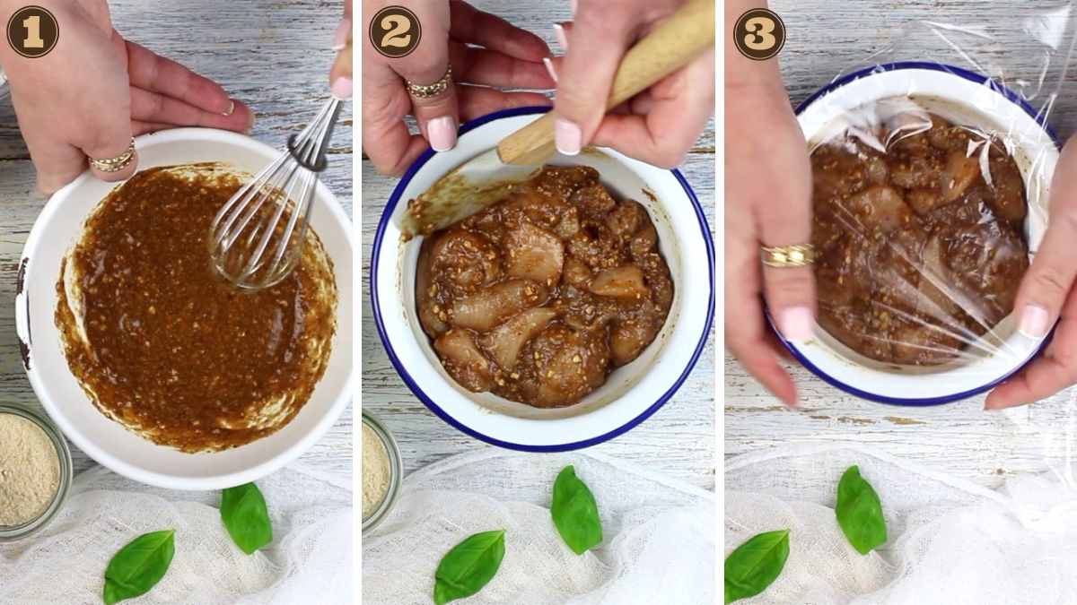 Three-step cooking process: 1) hands mixing a brown sauce in a bowl, 2) adding sauce to chicken pieces in a different bowl, 3) covering marinated chicken with plastic wrap.