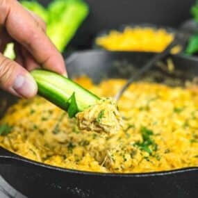 Zucchini slice dips into a creamy dip.