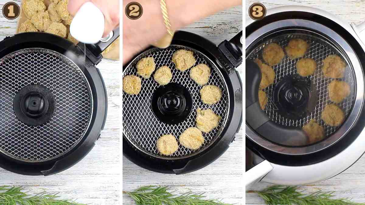 Three-step process showing breaded nuggets being placed in an air fryer basket, arranged, and cooked, viewed from above.