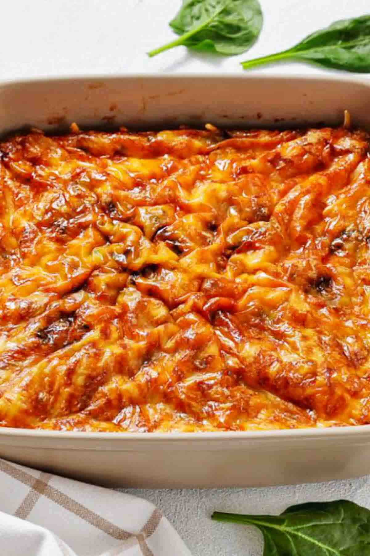 Close-up of baked sausage egg casserole.
