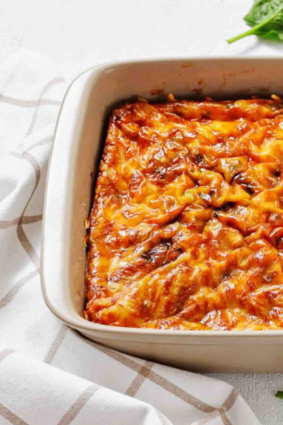 Partial view of golden baked breakfast casserole.